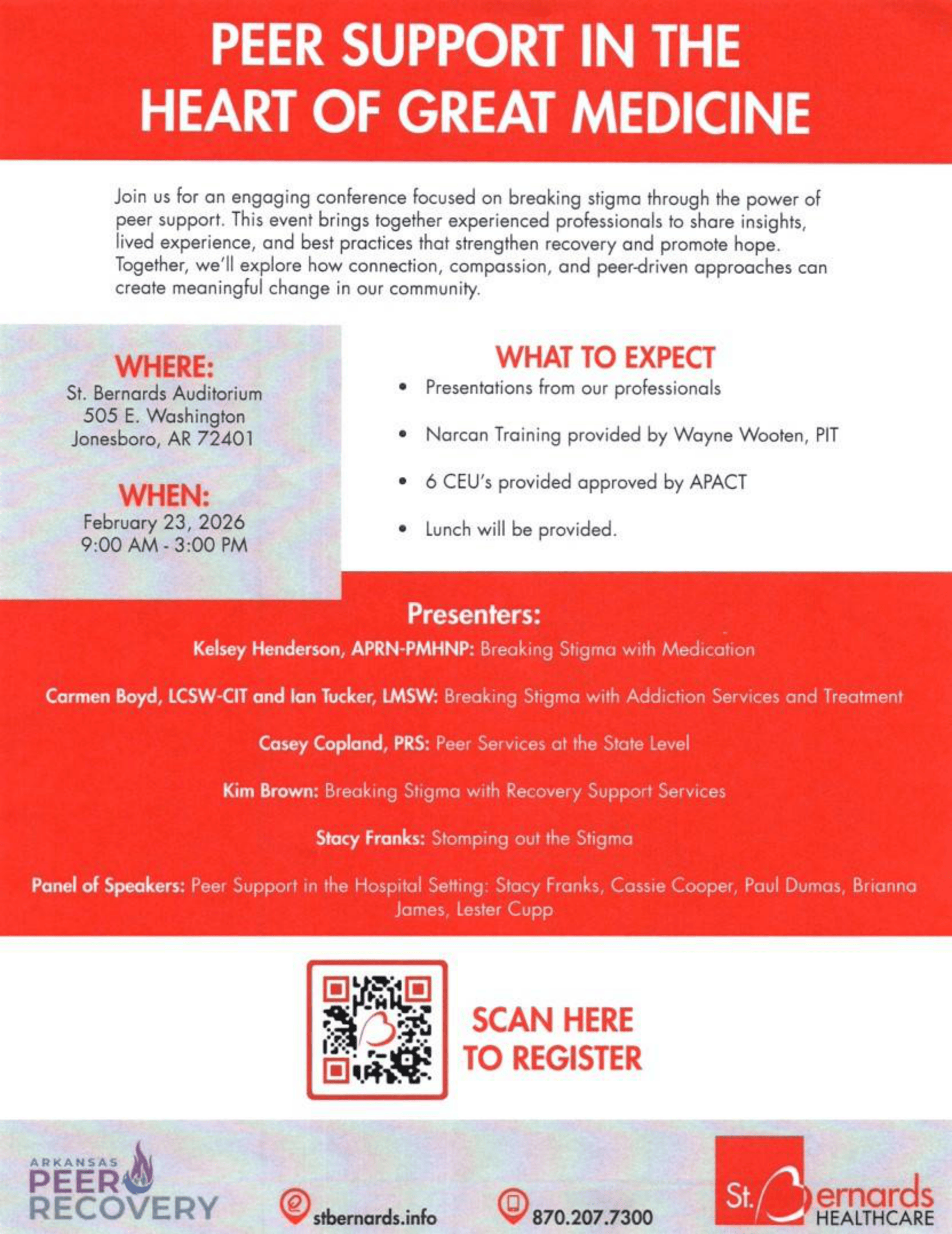A flyer for a peer support conference at St. Bernards Auditorium, Jonesboro, AR on Feb 23, 2024, detailing event info, speakers, and registration, with a red and white design and a QR code to register.