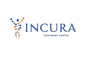 Logo for Incura Treatment Center. The design features the word INCURA in blue and a figure resembling a person formed by blue and orange dots arranged in a spiral, resembling a DNA strand, to the left of the text.