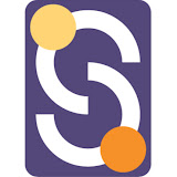 A purple rectangle with two white curved lines forming an abstract S shape, intersected by a yellow circle at the top left and an orange circle at the bottom right.