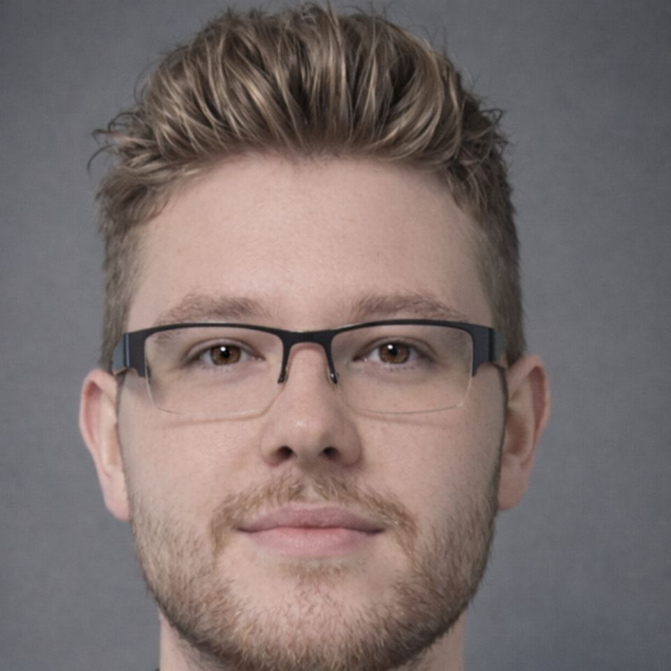 A young man with short, light brown hair, trimmed beard, and mustache, wearing rectangular glasses, looks straight at the camera with a neutral expression against a gray background.