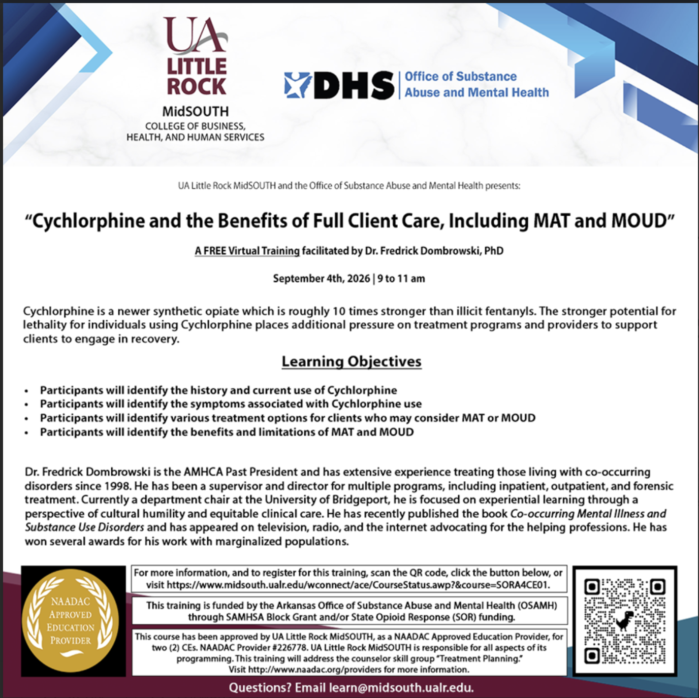 Flyer for a UA Little Rock and DHS virtual training on Cyclophine and the Benefits of Full Client Care. It lists learning objectives, features a QR code, and background information about Dr. Fredrick Dombrowski.