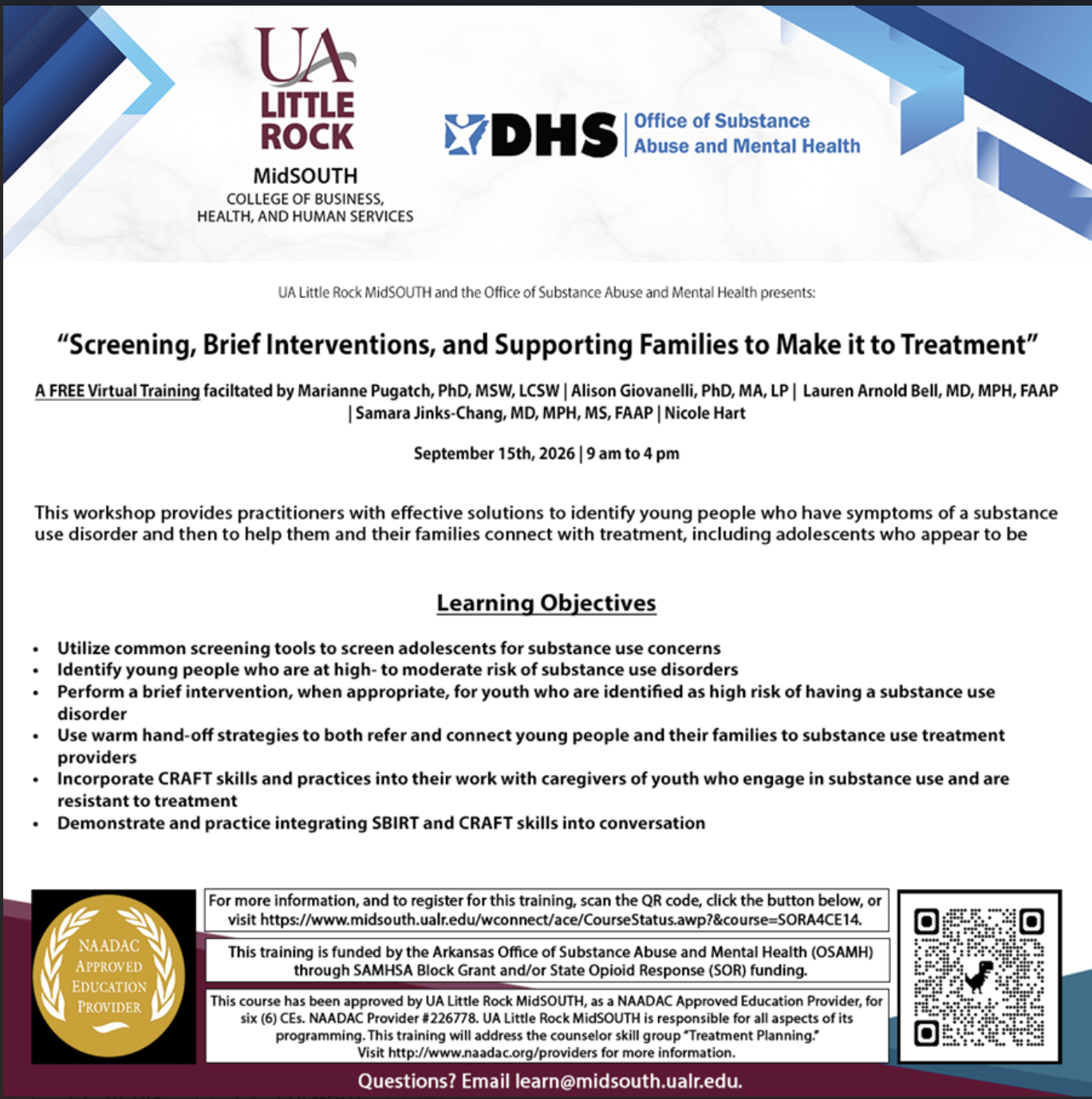 A flyer for a virtual training on Screening, Brief Interventions, and Supporting Families to Make it to Treatment, hosted by UA Little Rock and DHS, with details on date, time, objectives, and presenter names, plus official logos.