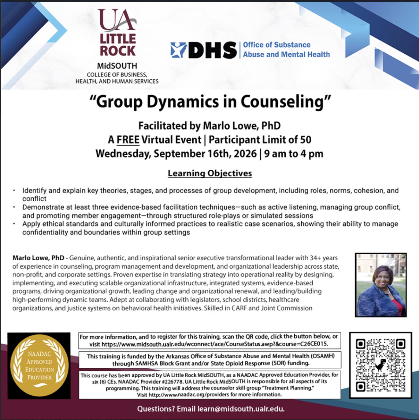 A flyer for a virtual event titled Group Dynamics in Counseling on Sept 16, 2026, hosted by UA Little Rock and DHS, with facilitator Marlo Lowe, PhD. Includes event details, learning objectives, and registration information.