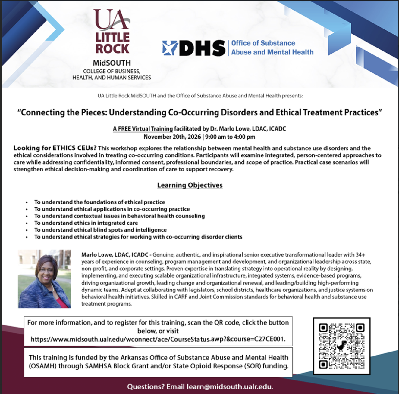 Event flyer for Connecting the Pieces: Understanding Co-Occurring Disorders and Ethical Treatment Practices, a virtual training on November 20, 2026, hosted by UA Little Rock MidSOUTH and the Office of Substance Abuse and Mental Health.